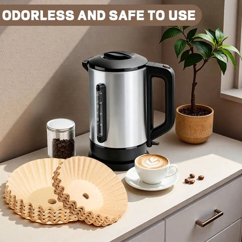 Top Shelf Unbleached Paper Coffee Filters 500 Pack For Hamilton Beach 45 Cup Urn with coffee maker and brewed coffee.