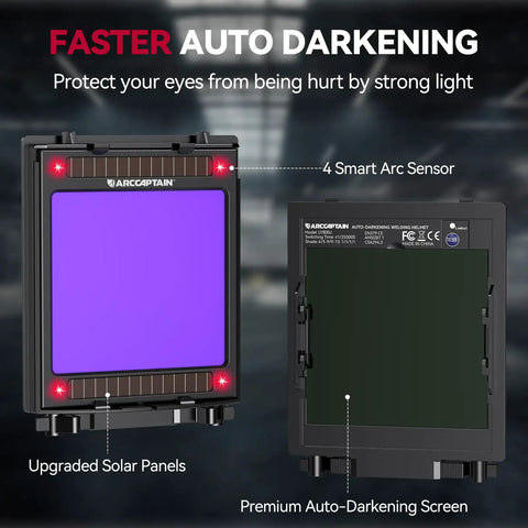 Auto Darkening Welding Helmet With Four Arc Sensors, Solar Powered, 1/1/1/1 Clarity, Beefy Viewing Screen
