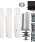 Front view of wind turbine kit: four white blades, hub, generator housing, controller, and screws.