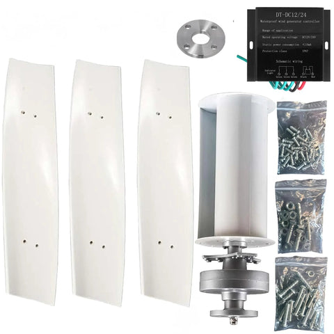Front view of wind turbine kit: four white blades, hub, generator housing, controller, and screws.