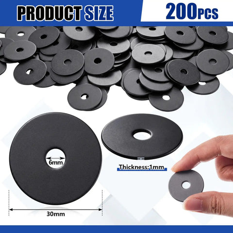 Beefy 200 Piece Zinc Fender Washer Set 0.25 Inch By 1.25 Inch 1 Millimeter Thick with diagram showing size and thickness.