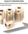 4 Pack Diamond Grinder Bits For Glass And Tile, Four Sizes One Inch, Three Quarter Inch, One Quarter Inch, One Eighth Inch, 118 Degree Split Point, Titanium Coated Brass Core, Includes 4 Allen Wrenches For DIY Stained Glass, Tile, And Stone Projects displayed with allen wrenches