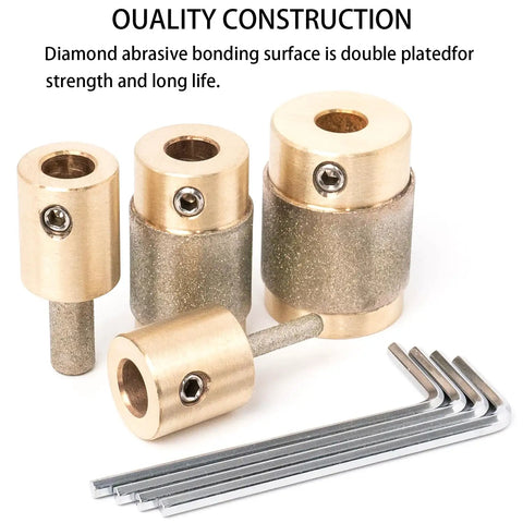 4 Pack Diamond Grinder Bits For Glass And Tile, Four Sizes One Inch, Three Quarter Inch, One Quarter Inch, One Eighth Inch, 118 Degree Split Point, Titanium Coated Brass Core, Includes 4 Allen Wrenches For DIY Stained Glass, Tile, And Stone Projects displayed with allen wrenches