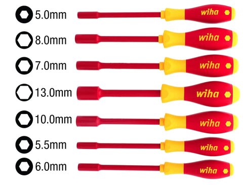 Nine Piece Pro Grade 1000 Volt Insulated Metric Nut Driver Set With SoftFinish Cush Grip For Comfort And Control Includes 5mm 6mm 7mm 8mm 9mm 10mm 11mm 12mm 13mm Sizes Individually Tested To 10kV AC For Safe Electrical Work