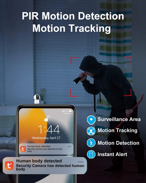4MP Wireless Indoor Security Camera For Busy Homes With 355 Degree Pan And 90 Degree Tilt detecting intruder with motion tracking.