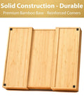 Close-up of Straight Up Expandable Bamboo Kitchen Drawer Organizer with 2.5 inch sides, showcasing premium bamboo construction.