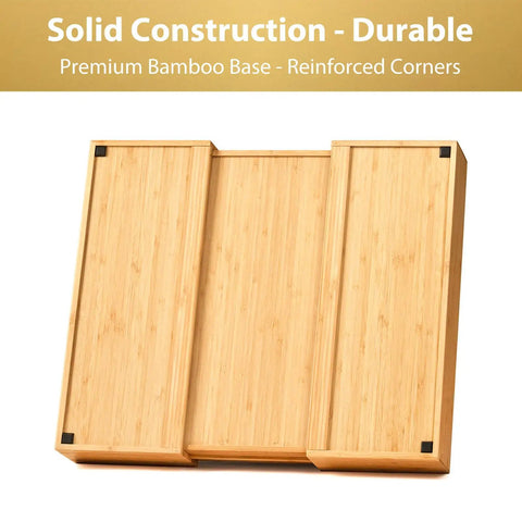 Close-up of Straight Up Expandable Bamboo Kitchen Drawer Organizer with 2.5 inch sides, showcasing premium bamboo construction.
