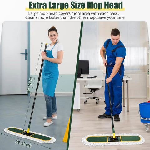Heavy Hitting Commercial Cotton Dust Mop With Massive 39 Inch Sweeping Pad And Rock Solid Handle in use by a woman and man.