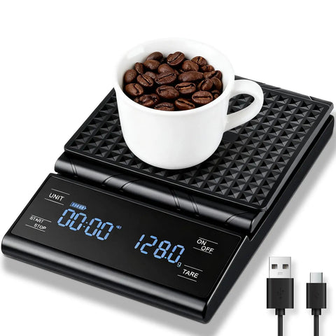Rechargeable Coffee Scale With Timer For Pour Over And Espresso, Barista Grade, 5Kg Capacity, 0.1G Precision with cup on scale