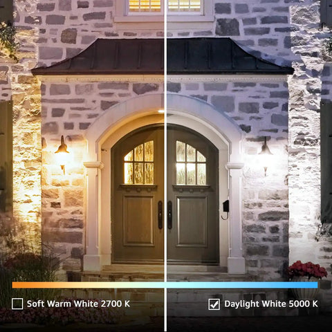 Front door lighting comparison showing soft warm white 2700K on left and daylight white 5000K on right at dusk