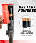 Heavy Duty Battery Operated Electric Chemical Transfer Pump With Adjustable Telescopic Suction Tube For Three To Twenty Gallon Drums Gas Cans And Pails Swivel Spout No Stress Duo Pack showing battery compartment open with D cell batteries.