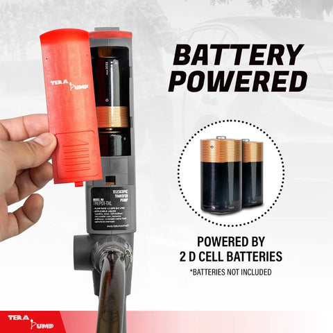 Heavy Duty Battery Operated Electric Chemical Transfer Pump With Adjustable Telescopic Suction Tube For Three To Twenty Gallon Drums Gas Cans And Pails Swivel Spout No Stress Duo Pack showing battery compartment open with D cell batteries.