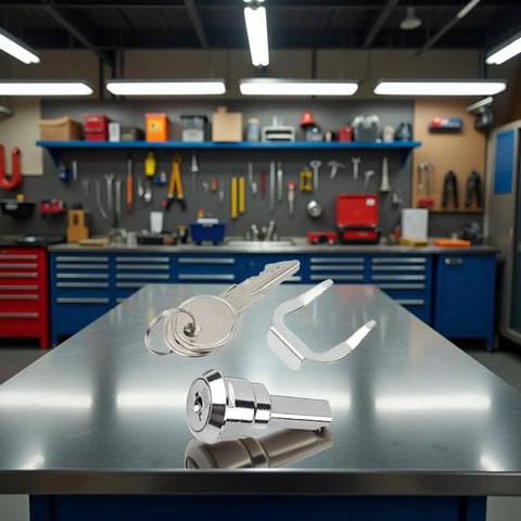 Universal Stainless Toolbox Lock With 180 Degree Rotation For Cabinets And Drawers Built Tough Cylinder Lock Includes 2 Keys And 1 Fastening Tab Fits Most Toolboxes And Cabinets, chrome lock and key on workbench