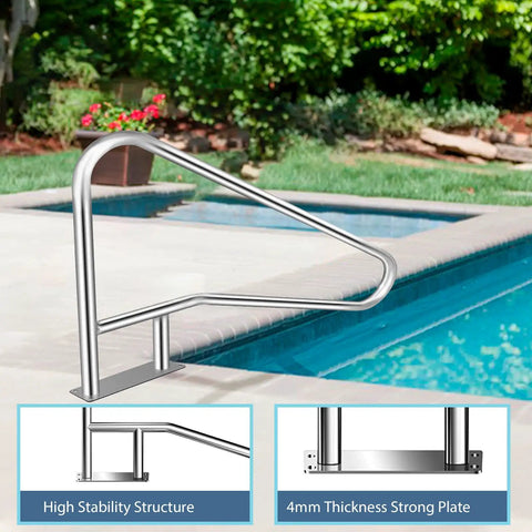 Smooth Sail Setup Hella Sturdy 304 Stainless Steel Inground Pool Handrail Safety Grab Bar with high stability structure at poolside.