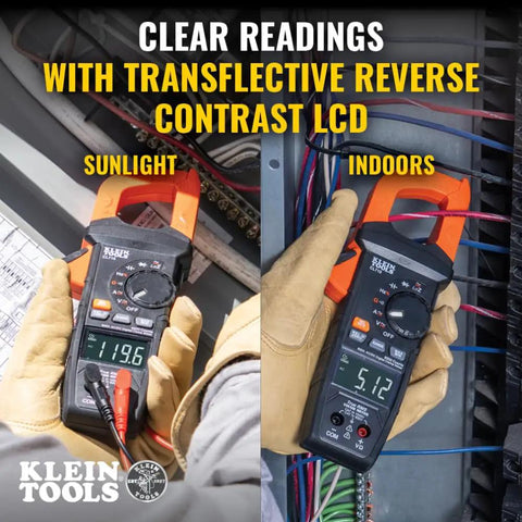 Auto Ranging Digital Clamp Meter With True RMS for AC and DC current display in sunlight and indoors with glove usage