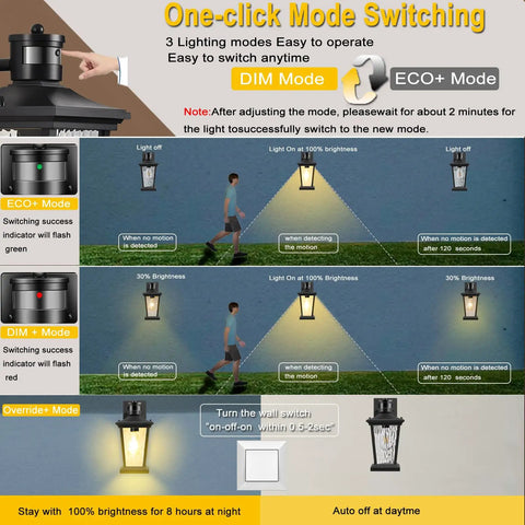 Outdoor Wall Lights With Motion Sensor Black Porch Lighting With One Button Control Three Modes showing dim to bright