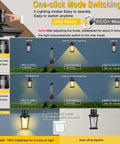 Diagram showing the modes of Two Pack Outdoor Wall Light With Dusk To Dawn Sensor Motion Mode And One Button Control Black Exterior Wall Mount Lights