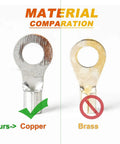 Comparison of copper and brass ring terminals. Copper terminal from 260 Piece Copper Ring And Fork Terminal Kit For Wiring AWG 22-16 16-14 12-10 Tin Plated Non Insulated Connectors, DIY Friendly Soldering Ready And Durable Copper Terminals For Auto And Home Electrical Projects.