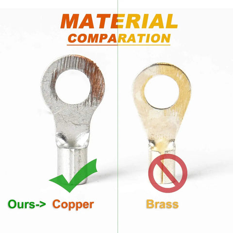 Comparison of copper and brass ring terminals. Copper terminal from 260 Piece Copper Ring And Fork Terminal Kit For Wiring AWG 22-16 16-14 12-10 Tin Plated Non Insulated Connectors, DIY Friendly Soldering Ready And Durable Copper Terminals For Auto And Home Electrical Projects.