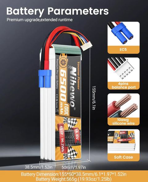 4S 6500mAh RC Battery 100C With EC5 Connector Soft Case with dimension and connection details