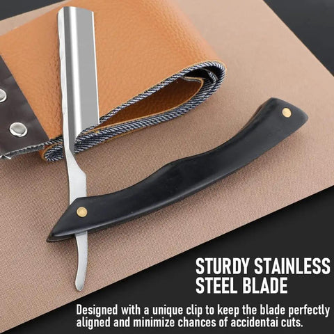 Premium Straight Razor And Leather Shaving Strop Set With Sharp Stainless Steel Blade shows sharp blade alongside a leather strop.