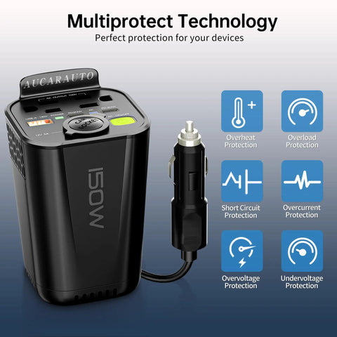 Car Power Inverter Converts DC 12V To 110V AC With Cup Holder Mount for safe charging with multiprotect technology.