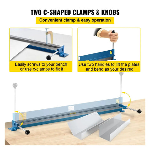 Two C-shaped clamps and knobs on 36 Inch Portable Sheet Metal Bending Brake for easy operation and precision bending.