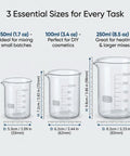 Three Piece Borosilicate Glass Beaker Set With 50ml 100ml And 250ml Graduated Glassware For Science Experiments Chemistry DIY Skincare Perfume And Candle Making Great For Lab Nerds And DIYers showing each beaker's size and measurement uses.