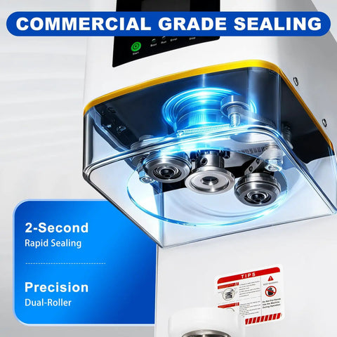 Close-up of Commercial Can Sealer Machine Automatic Cup Sealer Five Station showing dual-roller precision sealing mechanism.