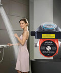 Straight Up Hot Water Recirculating Pump Kit With Built In Timer For Fast Sink And Shower Flow 10 Gpm 0 13 Hp 110 Volt Electric Motor No Sweat Home Plumbing Upgrade Slick Solar Compatible System showing woman using shower.
