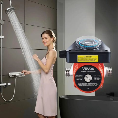 Straight Up Hot Water Recirculating Pump Kit With Built In Timer For Fast Sink And Shower Flow 10 Gpm 0 13 Hp 110 Volt Electric Motor No Sweat Home Plumbing Upgrade Slick Solar Compatible System showing woman using shower.