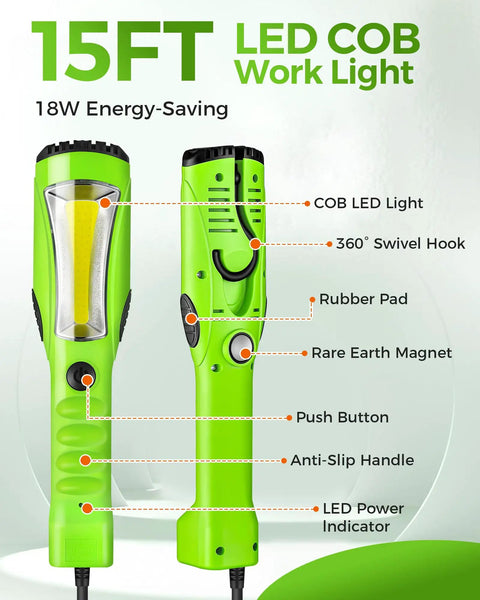 18W COB LED Work Light With 15ft Cord, 2000 Lumens Handheld Underhood Trouble Light, 16 Gauge SJTW, Swivel Hook, ETL Listed, Green