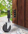 Gate Wheels For Wooden And Metal Gates With Hidden Spring Load Quiet Smooth Movement Beefy Heavy Duty 250 Lbs Capacity 5 Inch Gate Caster Rollers 2 Pack Black For Outdoor Fence Farm Gates And Swing Doors, attached to a wooden gate