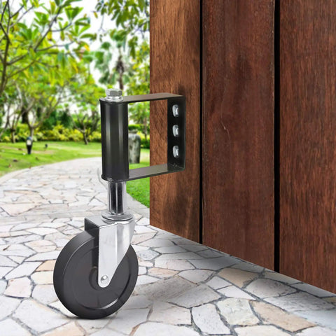 Gate Wheels For Wooden And Metal Gates With Hidden Spring Load Quiet Smooth Movement Beefy Heavy Duty 250 Lbs Capacity 5 Inch Gate Caster Rollers 2 Pack Black For Outdoor Fence Farm Gates And Swing Doors, attached to a wooden gate