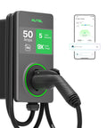Level 2 EV Charger 50 Amp J1772 Hardwired With WiFi App Weatherproof Indoor Outdoor EVSE Charging Station displayed with mobile app