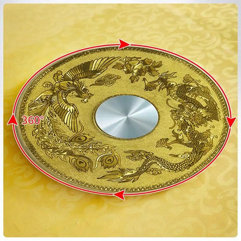 Hella Smooth 360 Swivel Tempered Glass Lazy Susan Turntable Nailed It Rotating Dining Serving Tray With Slick Golden Design surface featuring intricate gold designs.