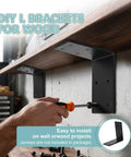 Person installing Beefy Heavy Duty L Corner Brackets 6x6 Inch 2 Pack Black Steel Shelf Supports on wood shelf.