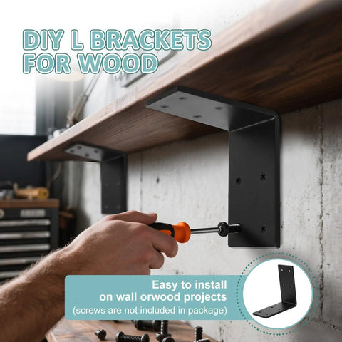 Person installing Beefy Heavy Duty L Corner Brackets 6x6 Inch 2 Pack Black Steel Shelf Supports on wood shelf.
