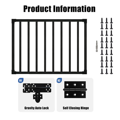 Straight Up Heavy Duty 48 Inch Wide By 42 Inch High Outdoor Deck Gate Kit In Matte Black with hardware and components displayed.