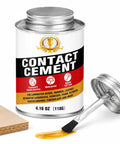 Heavy Duty Contact Cement Adhesive With Brush For Wood Leather Rubber And Laminate Repairs Tough As Nails Neoprene Glue For Shoe Fixing Furniture Trim And Projects 4.16 Oz can with brush and adhesive on wood surface