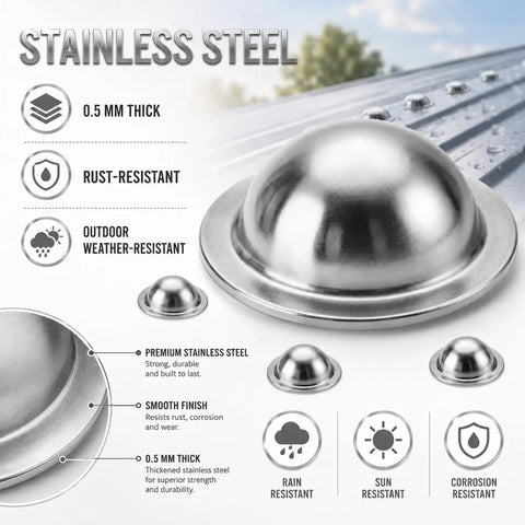 Ironclad Stainless Steel Metal Roof Screw Caps Lock Out Damp And Seal Worn Fasteners No Pull Backs For Barns Sheds Garages Rv Tops No Sweat Setup Stops Leaks Immediate Rust Guard All Season Shield Pack 100 showing 0.5 mm thick premium stainless steel caps.