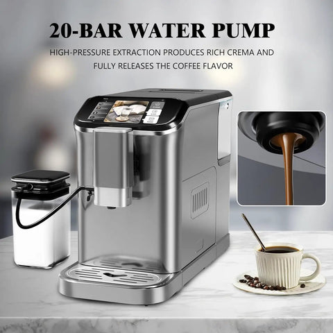 Pull The Perfect Shot With This Fully Automatic Espresso Machine Featuring Built In Grinder And Milk Frother Steam Wand For Smooth Daily Grinds And Top Shelf Sips Grey, highlighting 20-bar water pump and coffee extraction.