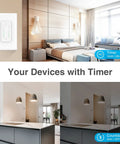 Smart Dual Dimmer Switch With Sunrise Sunset Feature, Space Saving Wall Unit; shown in modern bedroom and kitchen settings