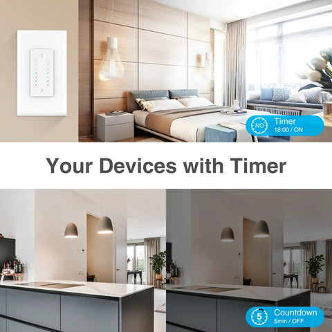 Smart Dual Dimmer Switch With Sunrise Sunset Feature, Space Saving Wall Unit; shown in modern bedroom and kitchen settings