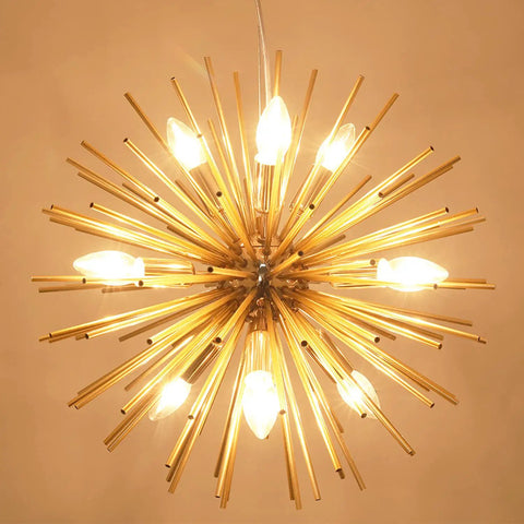 9 Light Gold Sputnik Chandelier For Living Room Bedroom Dining Room Kitchen Hallway Office Fully Dimmable Ceiling Light Fixture With Modern Firework Dandelion Design That Makes Your Space Pop showing illuminated and intricate design