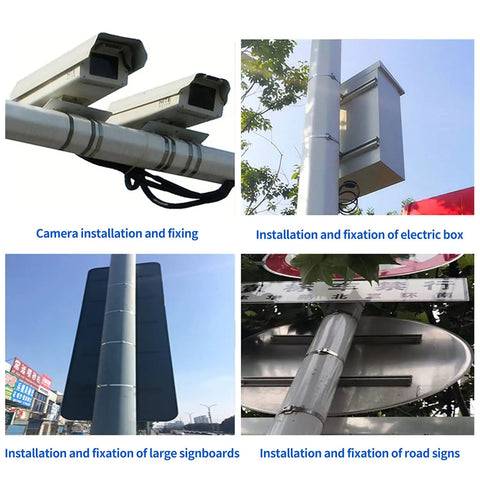 Heavy Duty 201 Stainless Steel Strapping Band 100 Foot Long 3/4 Inch Wide 0.03 Inch Thick 1700 Lbs Break Strength Rust Proof securing camera installation on poles.