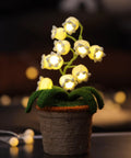 Crochet Lily of the Valley Lamp, Handmade Cordless Night Light with Touch Control, glowing LED flowers in rattan pot