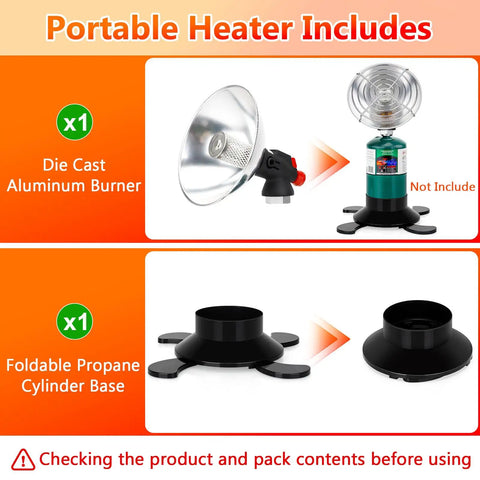 Portable Propane Heater For Camping And Outdoors With High Heat Output Foldable Tank Holder parts shown.
