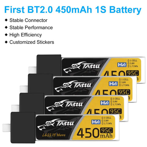 4 Pack 450mAh 1S 3.8V LiHV 95C LiPo Batteries With BT 2.0 Connector displayed in row for Tiny Whoop FPV Drones