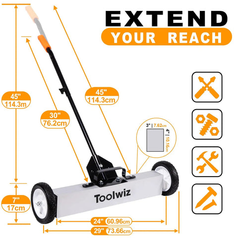 Magnetic Pick Up Sweeper With Wheels 24 Inch Large Metal Magnet For Yard Debris Cleanup Tough As Nails Heavy Duty Aluminum Frame Telescoping Handle With Quick Release Latch Nail And Screw Finder Roofing Garage Clean Up Tool